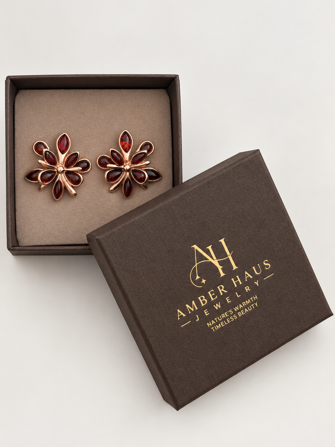 Cognac Baltic Amber Floral Statement Earrings