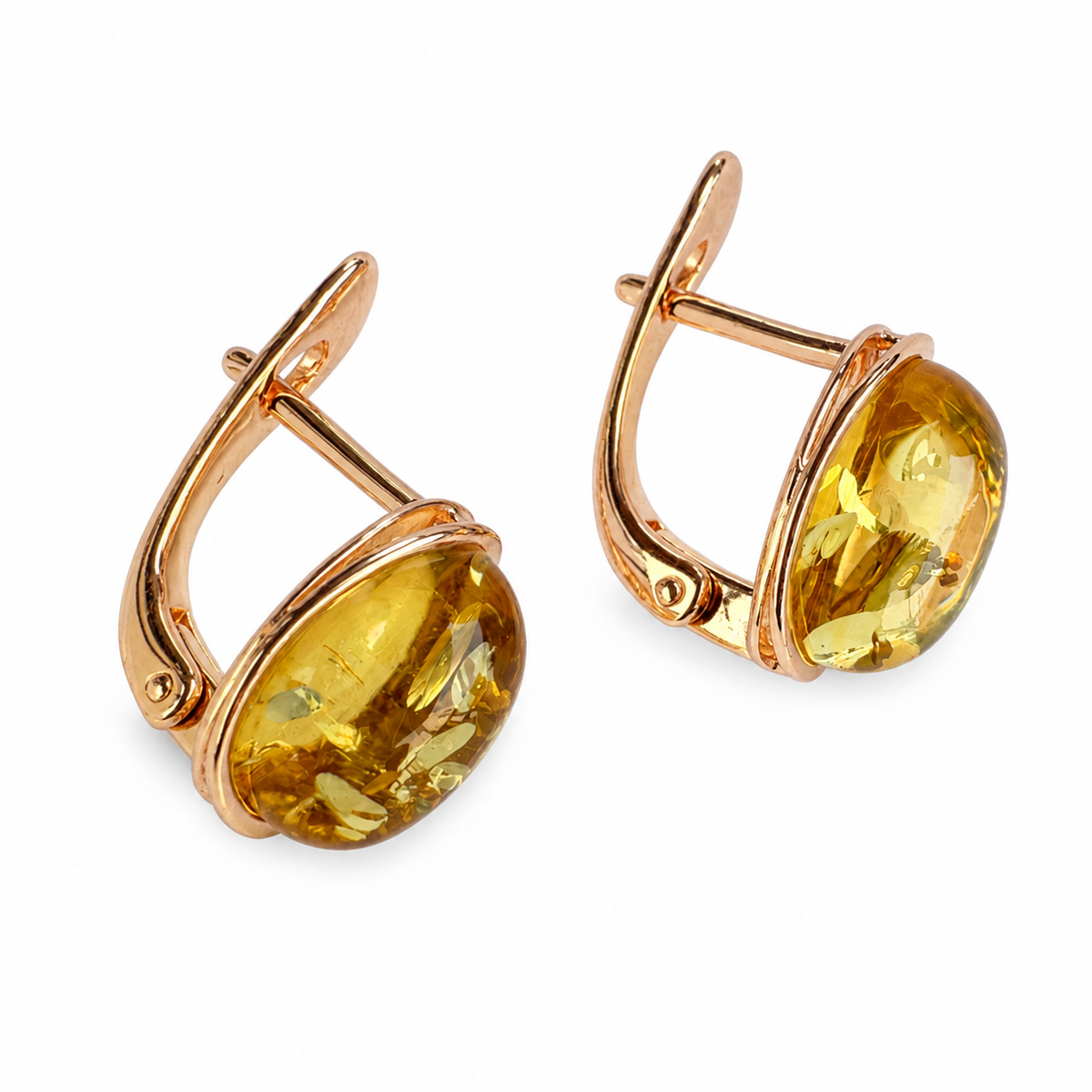 Honey Baltic amber oval leverback earrings in 925 sterling silver with 14K rose gold plated finish