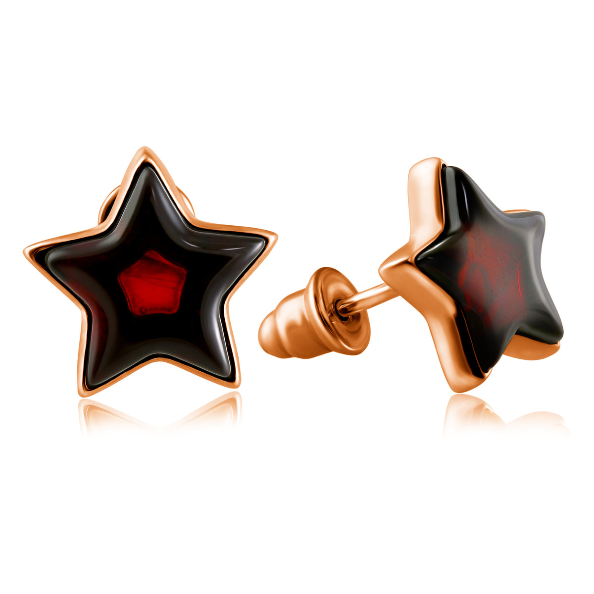 Cognac Baltic amber star stud earrings in 14K rose gold plated sterling silver