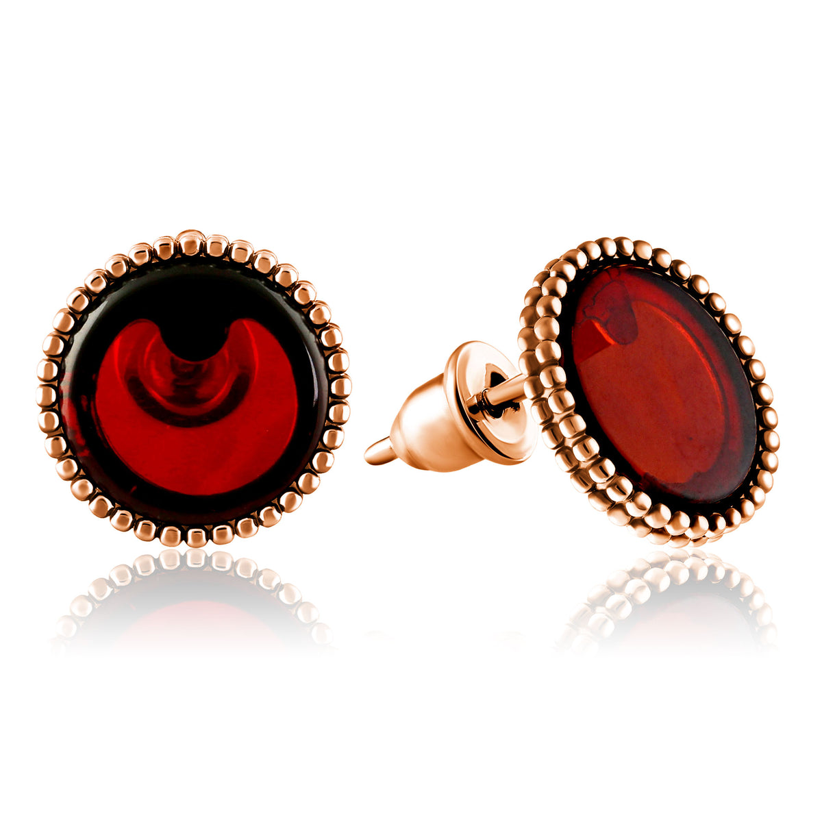 Natural Baltic Amber Round Stud Earrings, 925 Sterling Silver, 14K Rose Gold Plated, Nickel Free