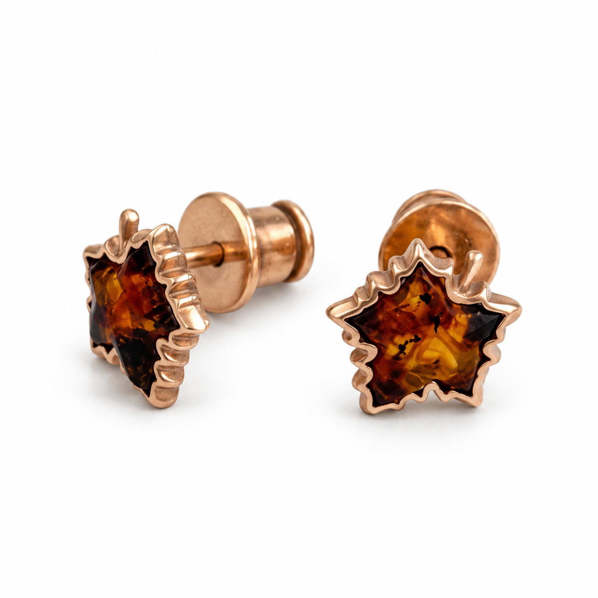 Petite maple leaf stud earrings with natural Baltic amber and rose gold plated sterling silver