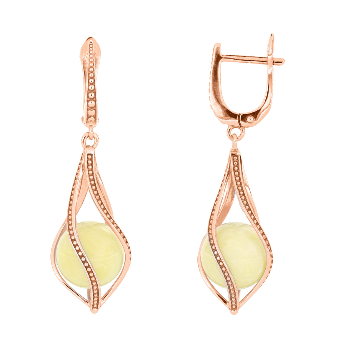 White Baltic amber drop earrings in 14K rose gold plated sterling silver