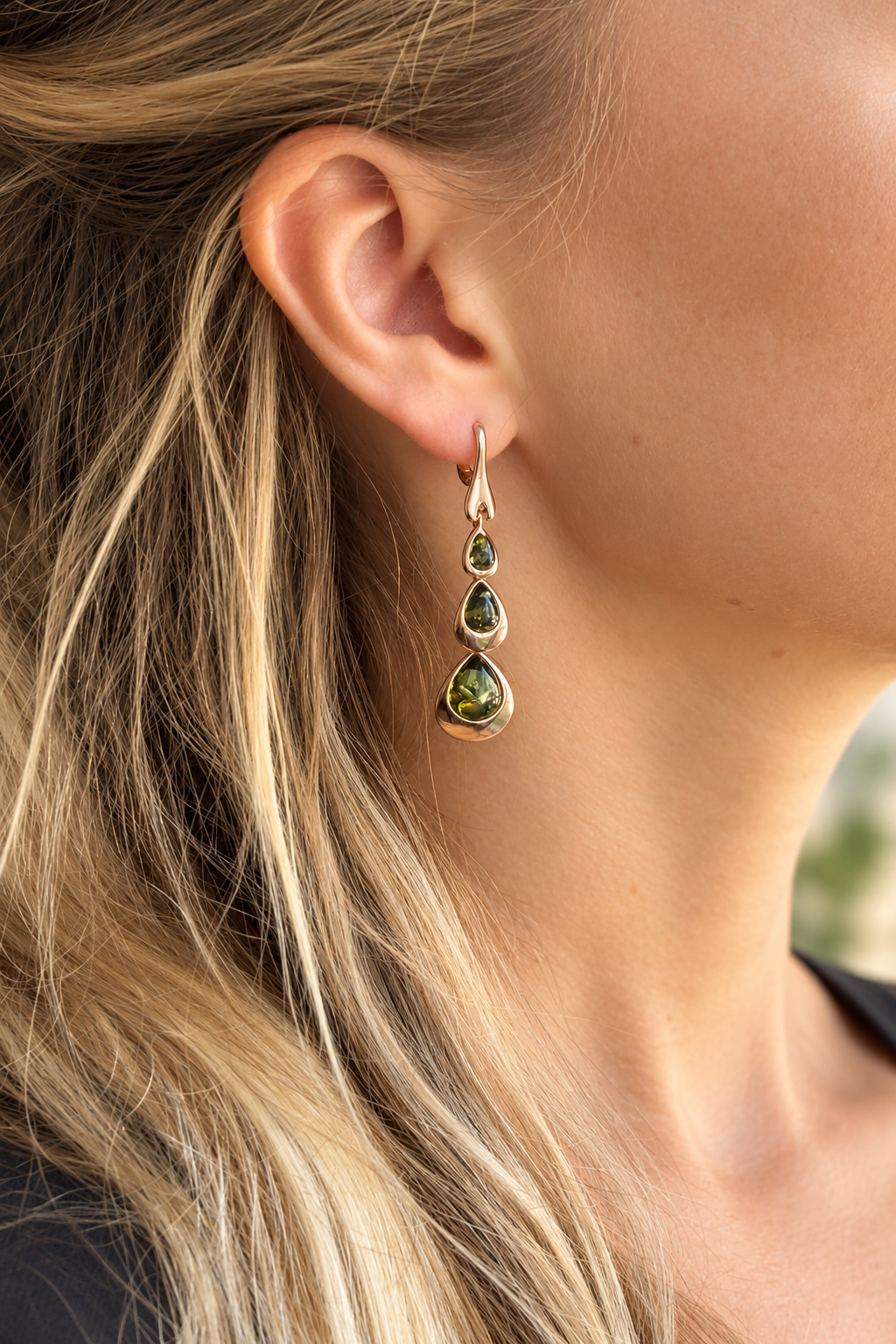 Green Baltic Amber Three-Stone Drop Earrings