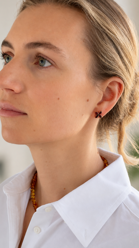 Cognac Baltic Amber Flower Stud Earrings