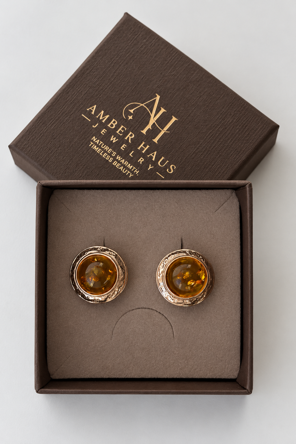 Round Baltic Amber Earrings in Rose Gold Plated Sterling Silver