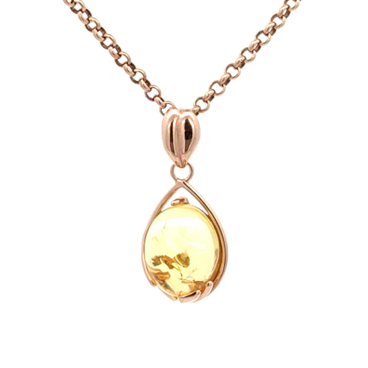 Natural Baltic Amber Teardrop Pendant in 925 Sterling Silver with 14K Rose gold plating, Nickel free / Pendant only