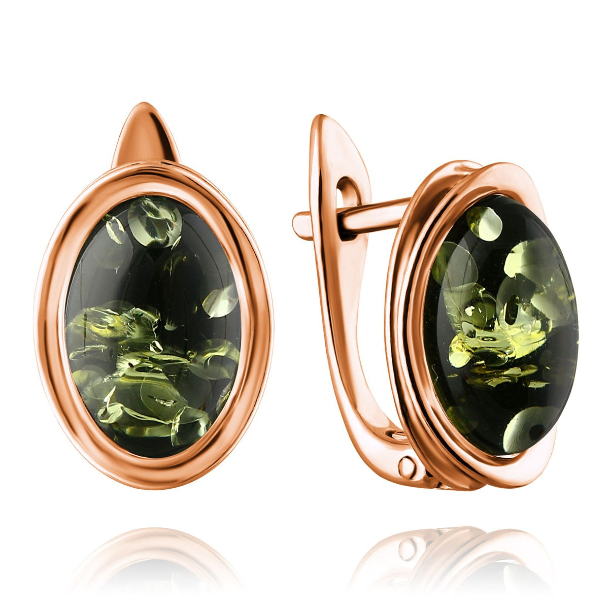 Petite green Baltic amber oval earrings in 925 sterling silver with 14K rose gold plated finish