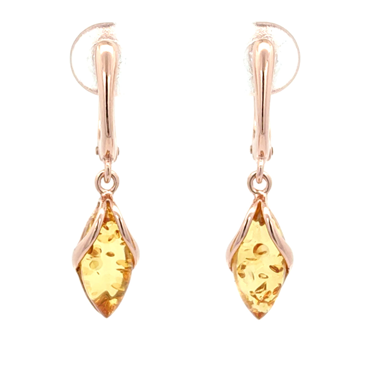 Natural Baltic Amber Drop Earrings in Rose Gold Plated Sterling Silver