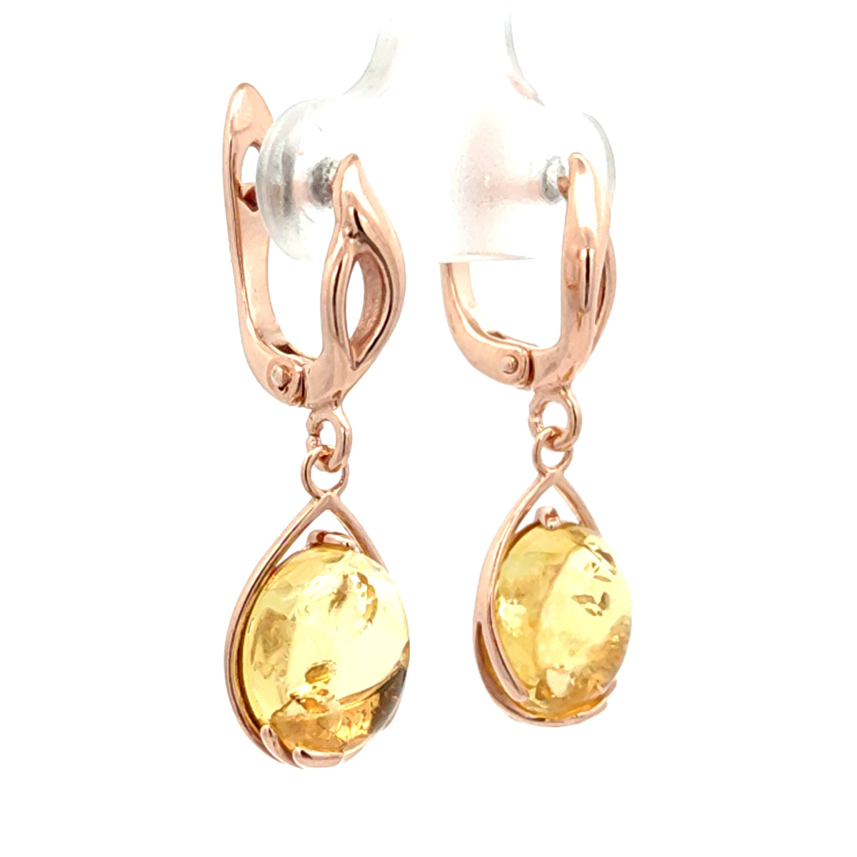 Honey Baltic amber teardrop drop earrings in 925 sterling silver with 14K rose gold plated finish
