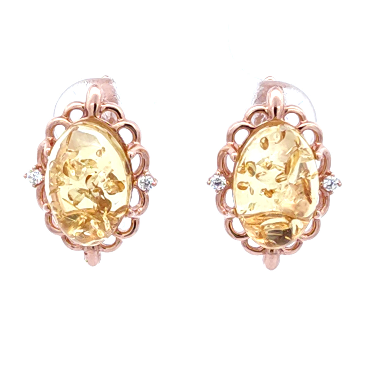Natural Baltic amber leverback earrings with cubic zirconia accents in rose gold plated sterling silver