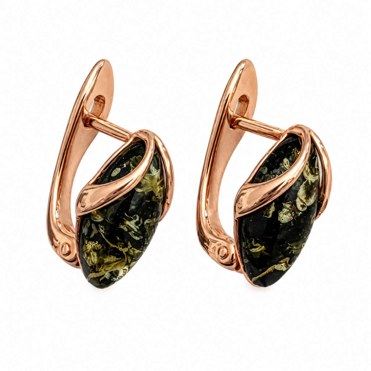 Green Baltic amber leverback earrings in 14K rose gold plated sterling silver
