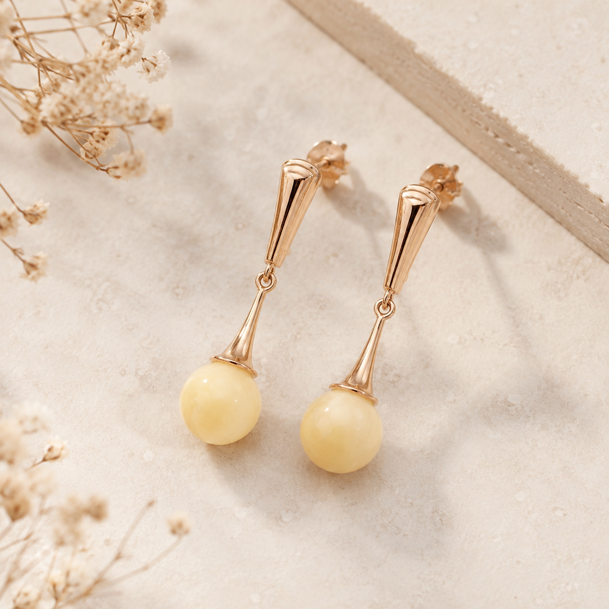 Creamy yellow Drop Earrings, 925 Sterling Silver, 14K Rose Gold Plated, Nickel Free