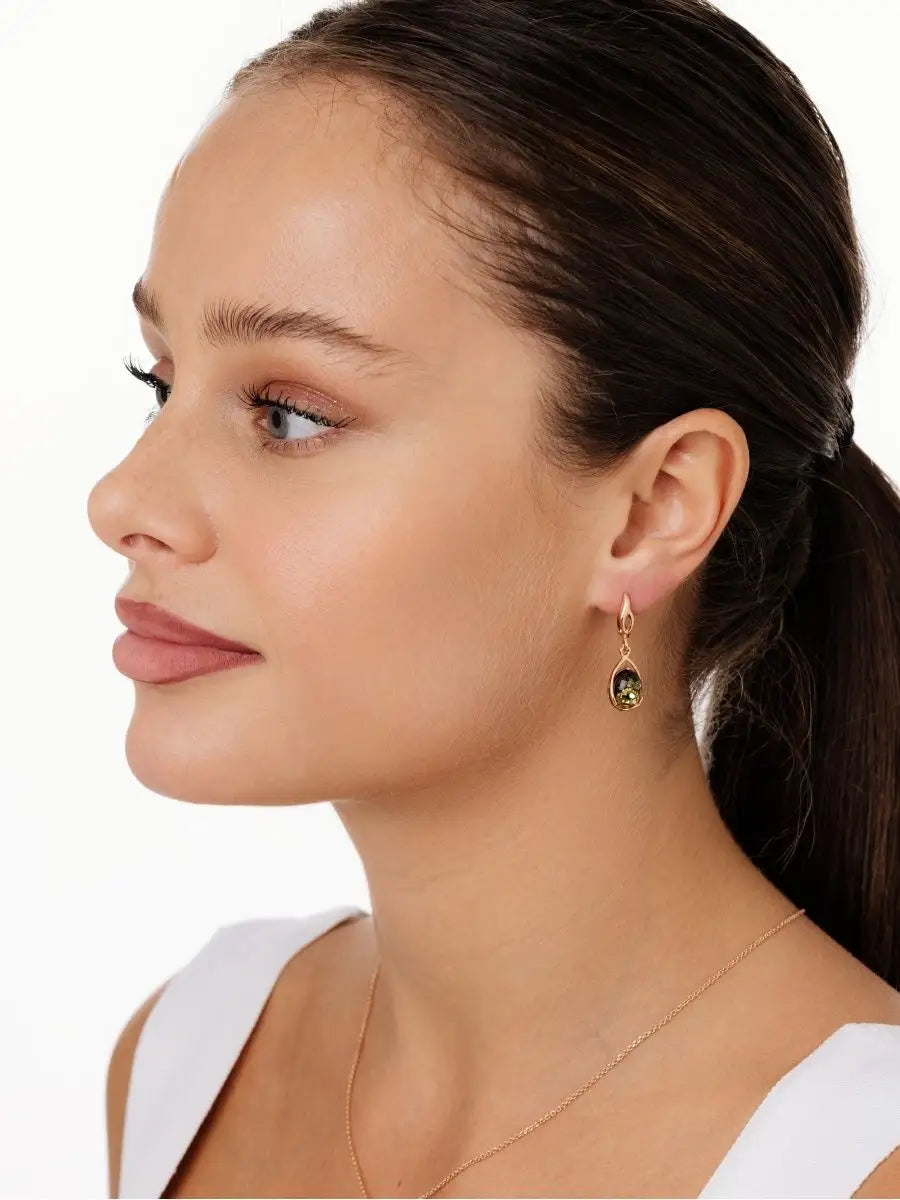 Green Baltic Amber Long Drop Earrings