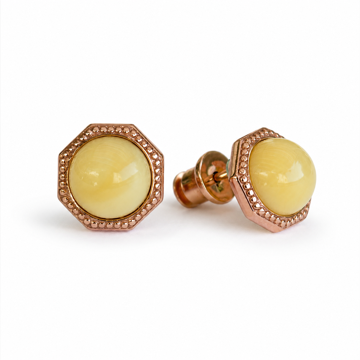 Natural Baltic Amber Women Stud Earrings, 925 Sterling Silver, 14K Rose Gold Plated, Nickel Free