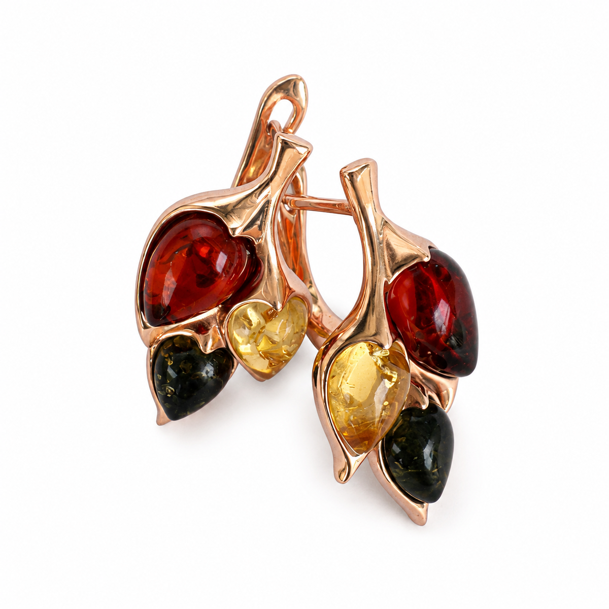 Multicolor Baltic amber triple drop earrings in 925 sterling silver with 14K rose gold plated finish