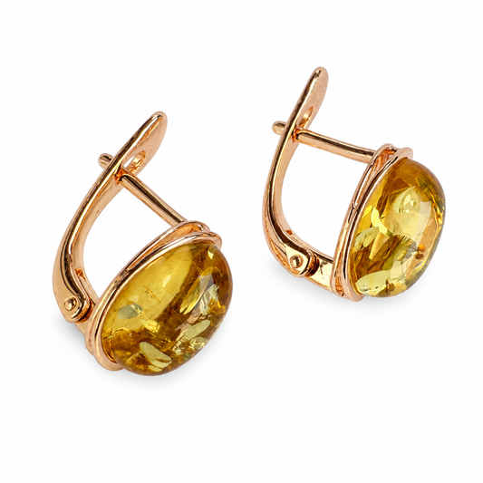 Honey Baltic Amber Oval Earrings, 925 Sterling silver with 14K Rose gold plating, Nickel free