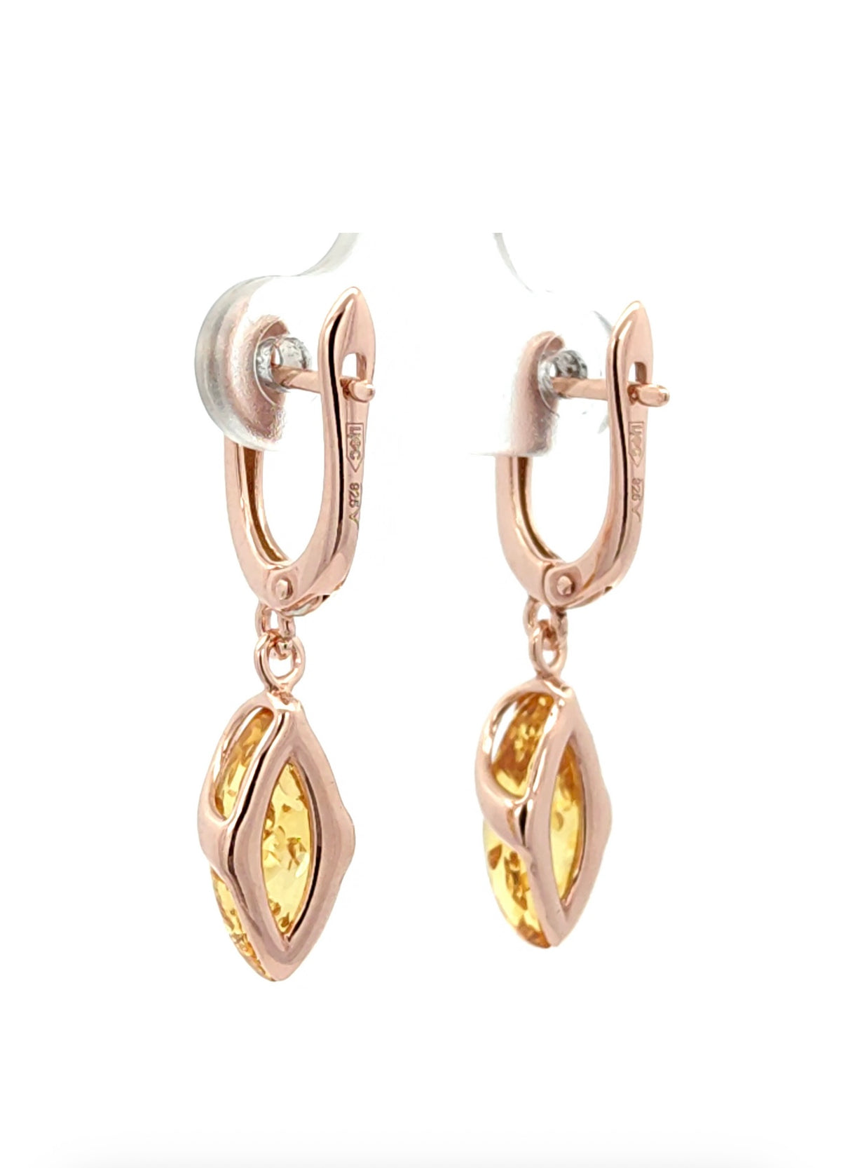 Natural Baltic Amber Drop Earrings in Rose Gold Plated Sterling Silver