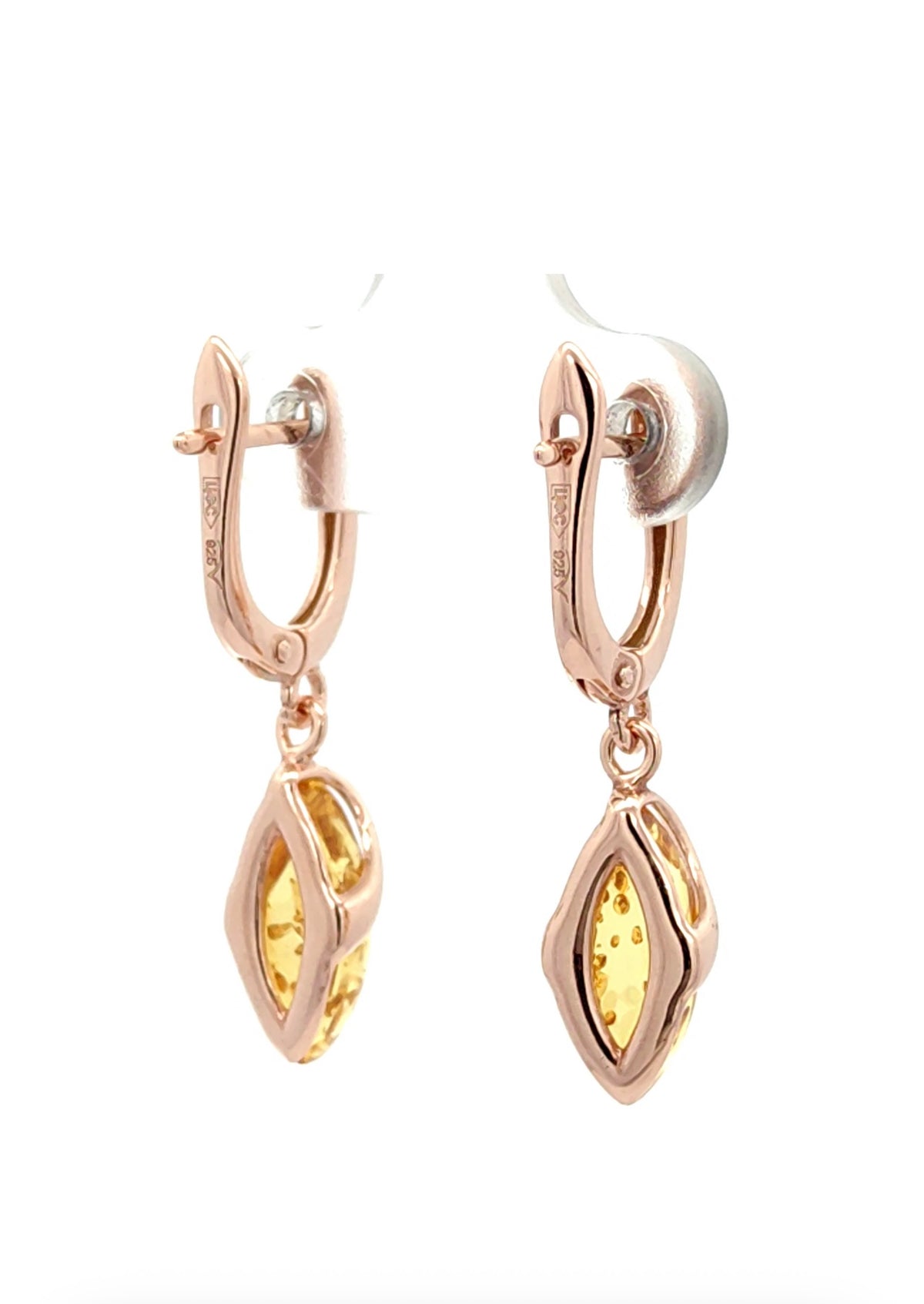 Natural Baltic Amber Drop Earrings in Rose Gold Plated Sterling Silver