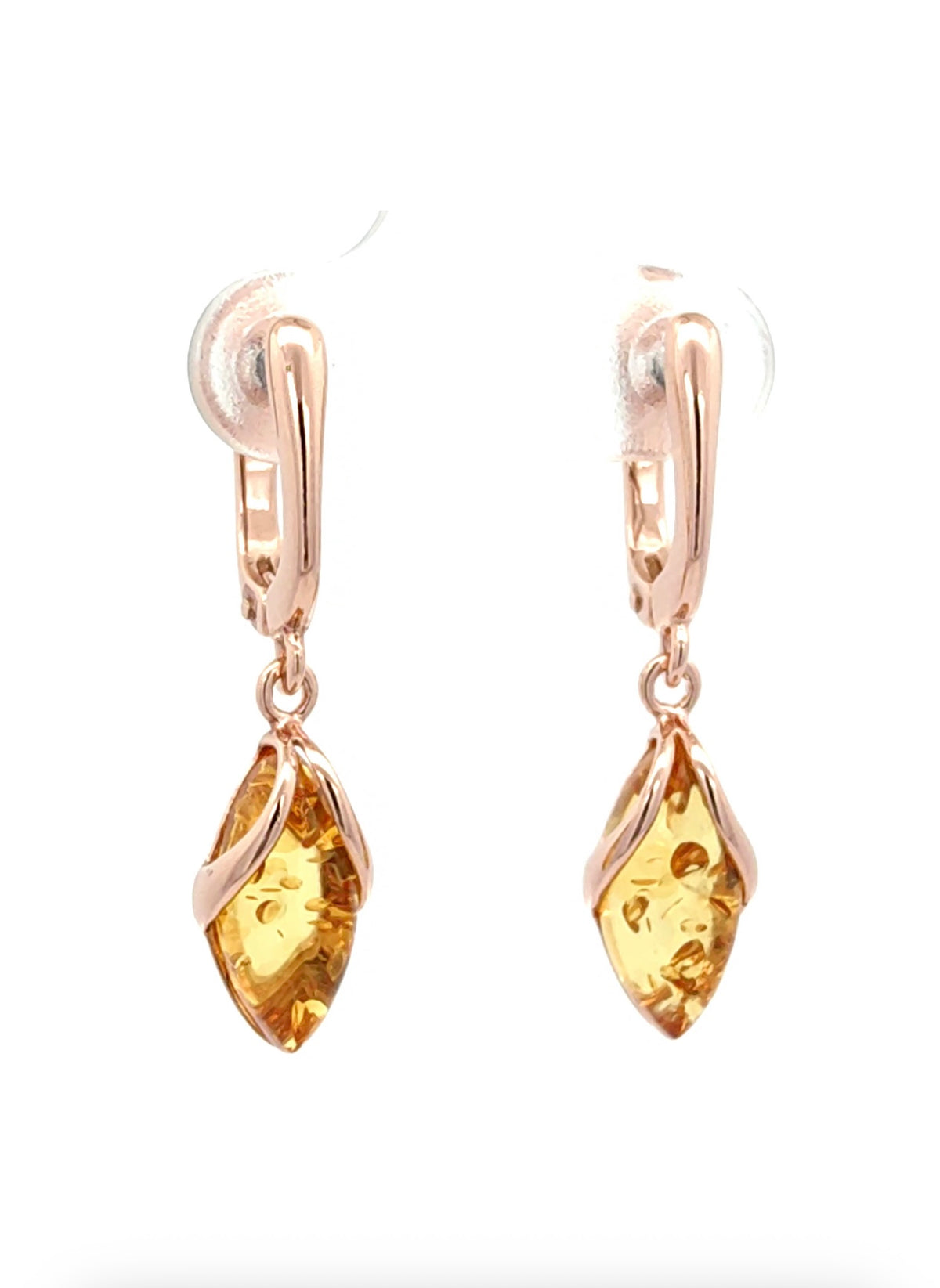 Natural Baltic Amber Drop Earrings in Rose Gold Plated Sterling Silver