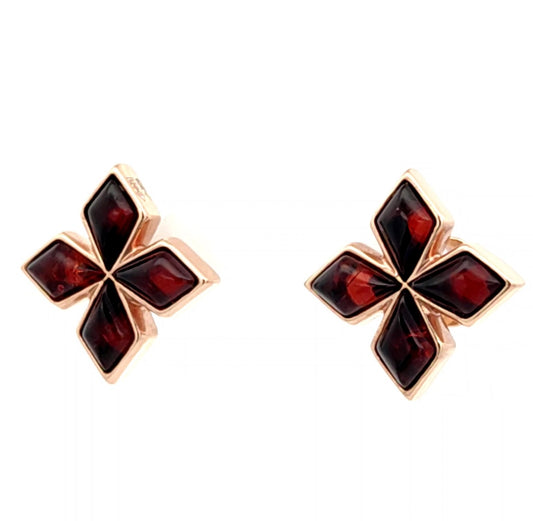 Cognac Baltic amber four-petal flower stud earrings in rose gold plated sterling silver