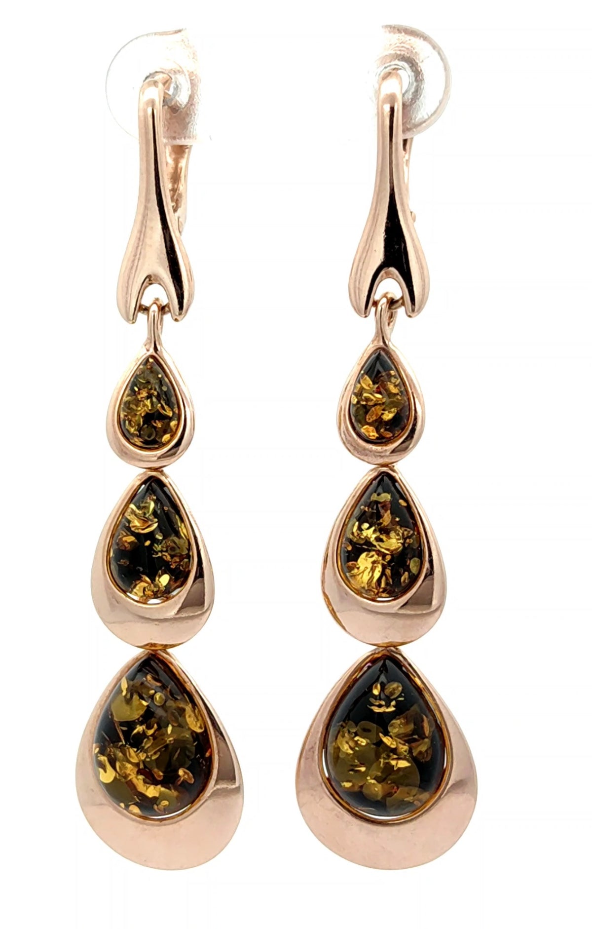 Green Baltic amber three-stone drop earrings in 14K rose gold plated sterling silver