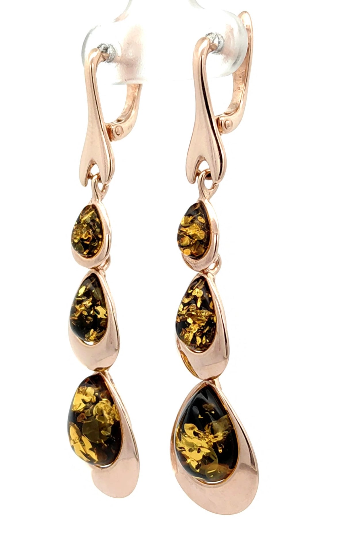 Green Baltic Amber Three-Stone Drop Earrings