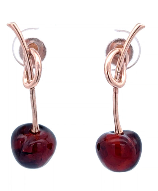 Cognac Baltic amber cherry drop earrings in 14K rose gold plated sterling silver