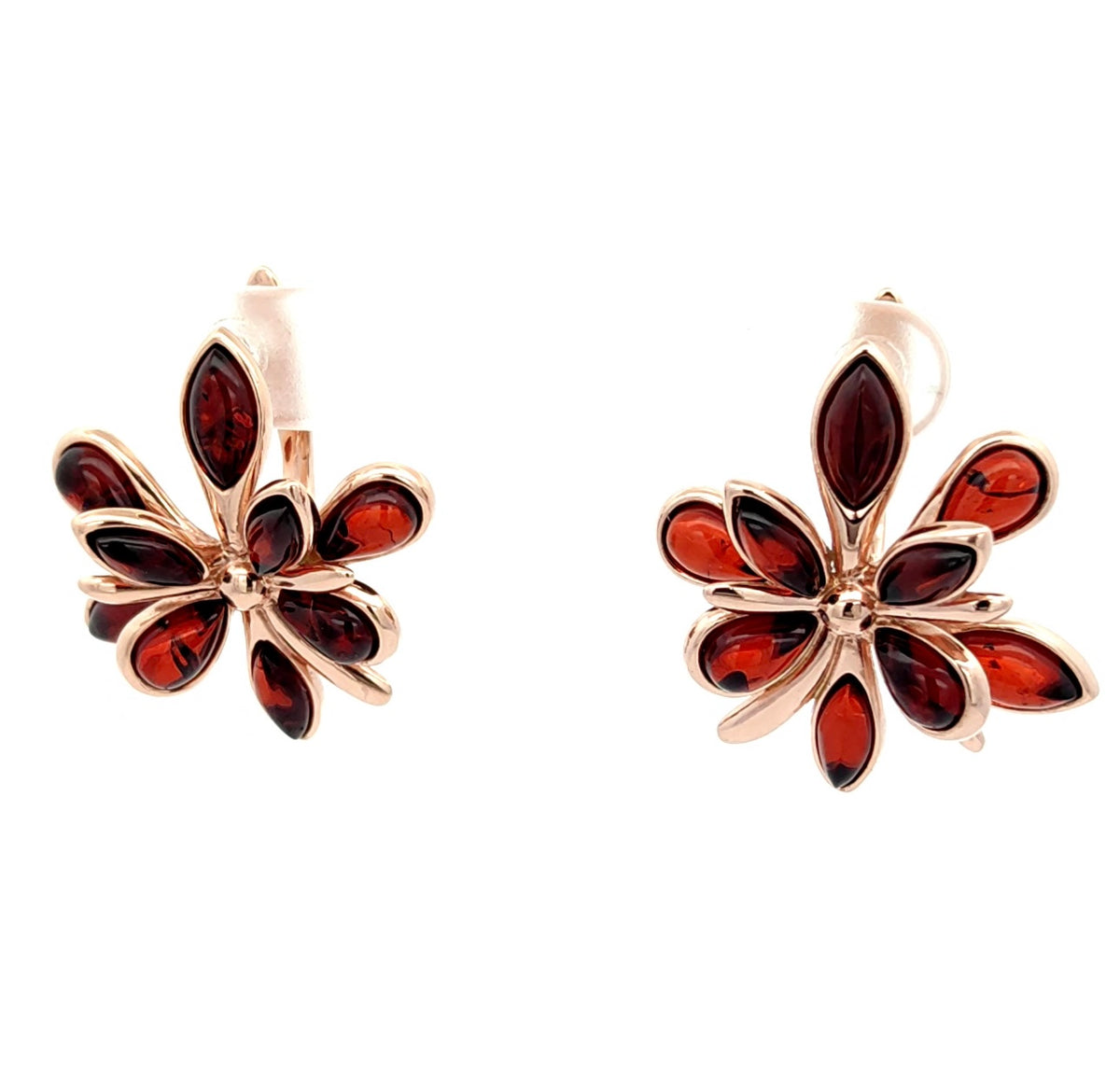 Cognac Baltic amber floral statement earrings in 14K rose gold plated sterling silver