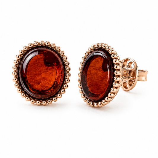 Natural Baltic Amber Round Stud Earrings, 925 Sterling Silver, 14K Rose Gold Plated, Nickel Free