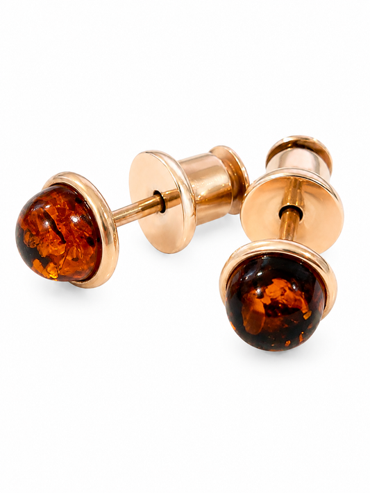 Natural Baltic Amber Stud Earrings, 925 Sterling Silver, 14K Rose Gold Plated, Nickel Free