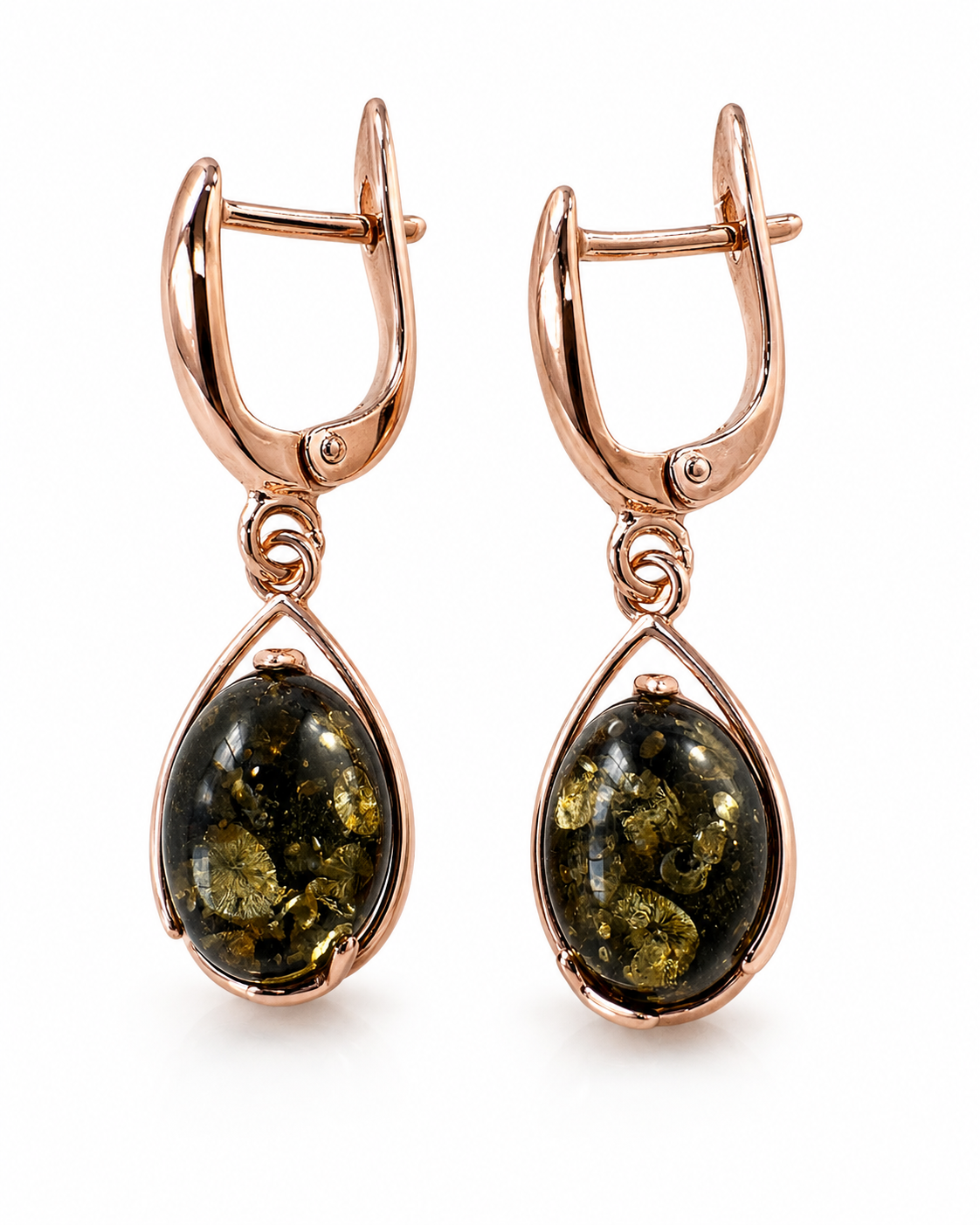 Green Baltic amber long drop earrings in 925 sterling silver with 14K rose gold plated finish